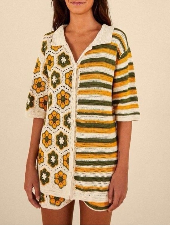 FARM Rio Tops - FARM Rio Cream, Mustard & Olive Crochet Button-Up Sweater